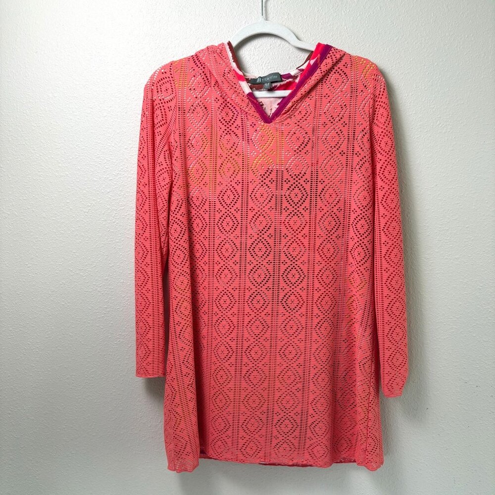 Title Nine Tunic Swimsuit Cover Up Womens M‎ Coral Orange Hooded Mesh Laser Cut